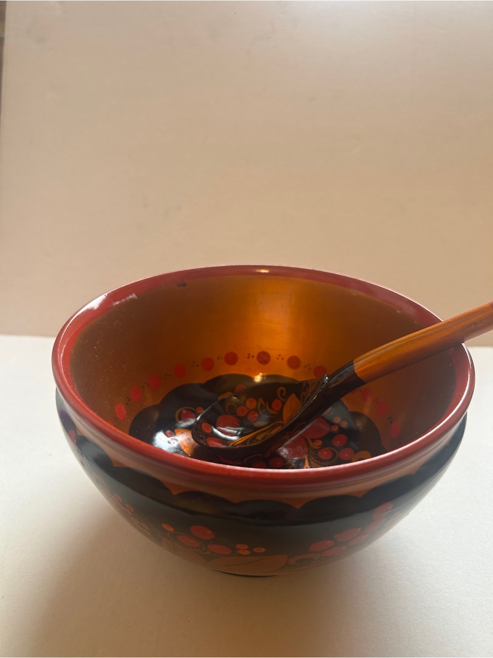 Hand-Painted Red and Black Decorative Serving Bowl with Spoon